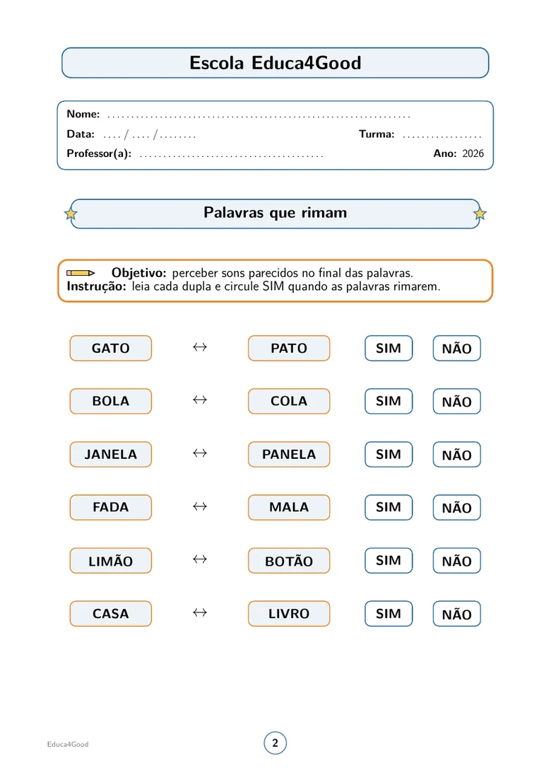 Palabras que riman — Leer los pares de palabras y rodear SÍ cuando rimen.